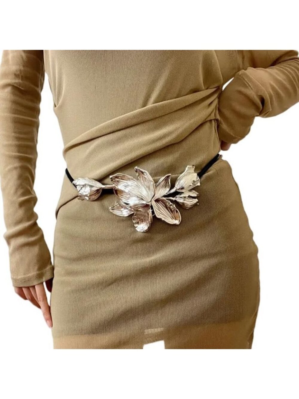 Elegant Retro Tulip Flower Waist Belt for Women - Leather Rope Body Chain for